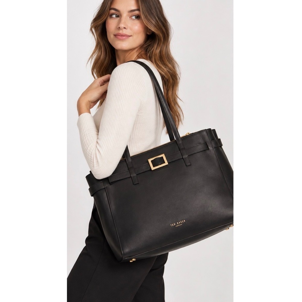 Ted Baker Emillyy Black Leather Large Tote Bag Gold Buckle Zip Top Shoulder Bag